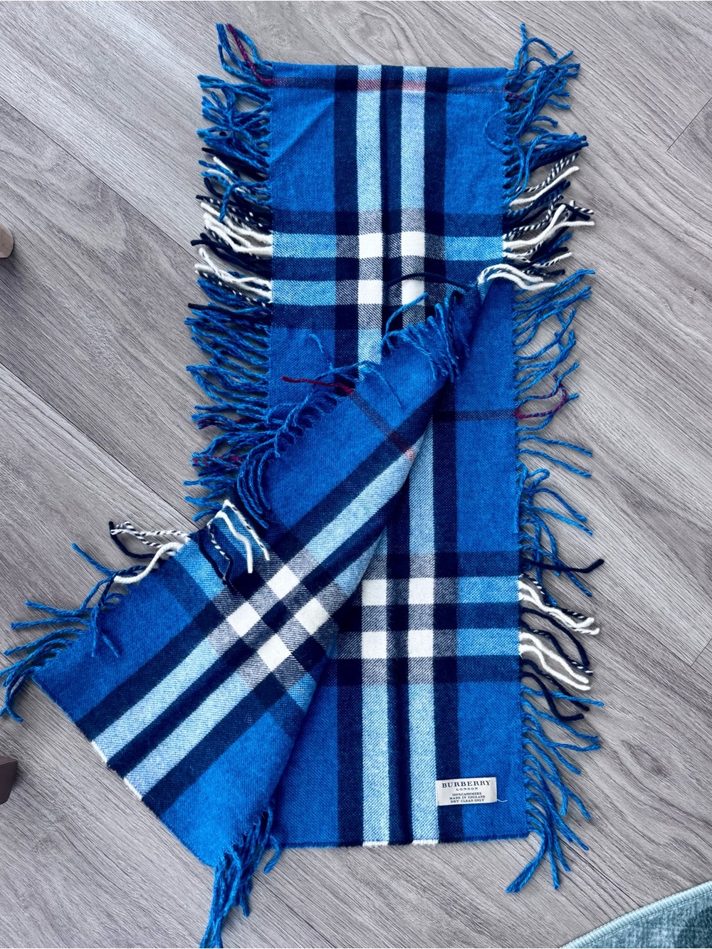Burberry Royal Blue Fringe Plaid Cashmere Scarf